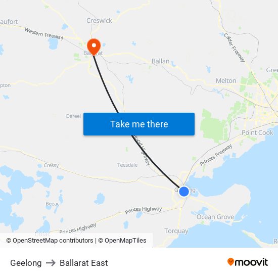 Geelong to Ballarat East map