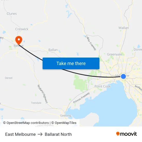 East Melbourne to Ballarat North map