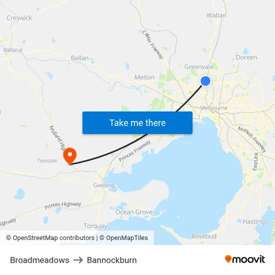 Broadmeadows to Bannockburn map