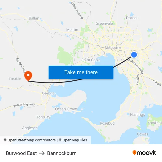 Burwood East to Bannockburn map