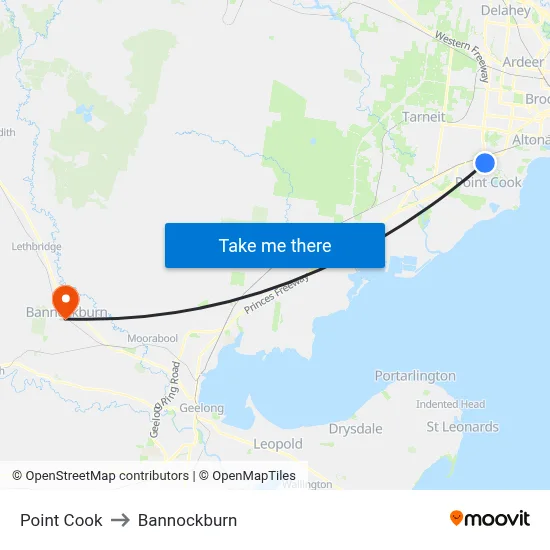 Point Cook to Bannockburn map