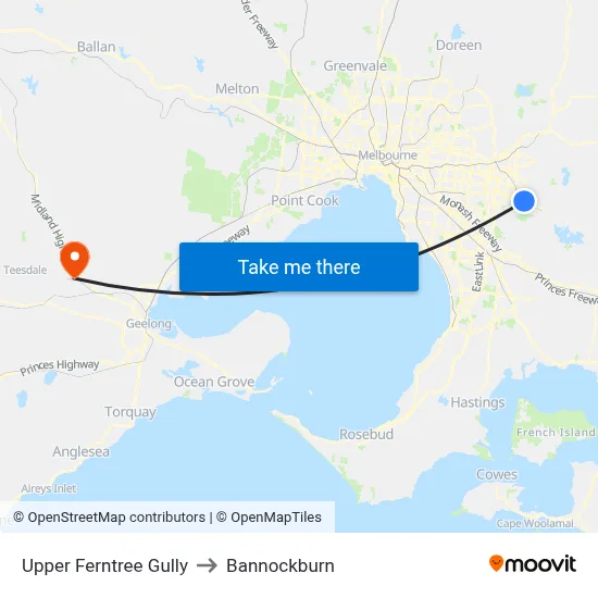 Upper Ferntree Gully to Bannockburn map