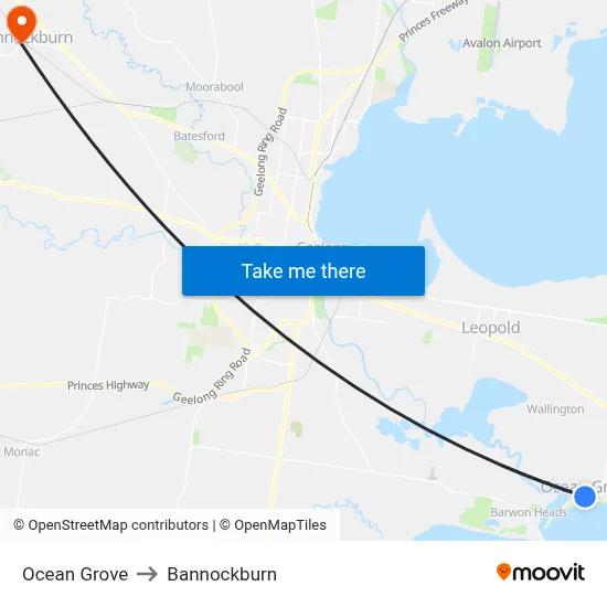 Ocean Grove to Bannockburn map