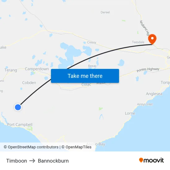Timboon to Bannockburn map
