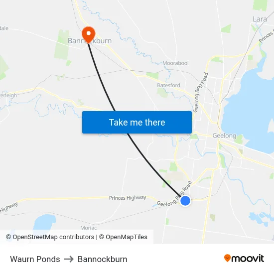 Waurn Ponds to Bannockburn map