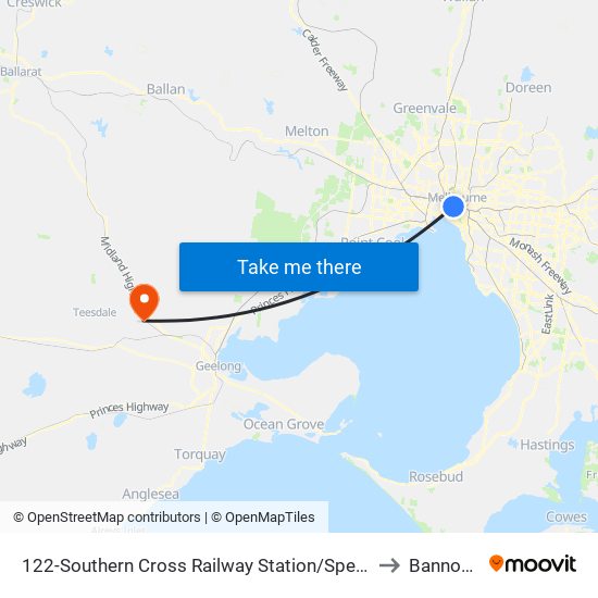 122-Southern Cross Railway Station/Spencer St (Melbourne City) to Bannockburn map