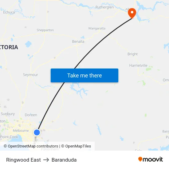 Ringwood East to Baranduda map