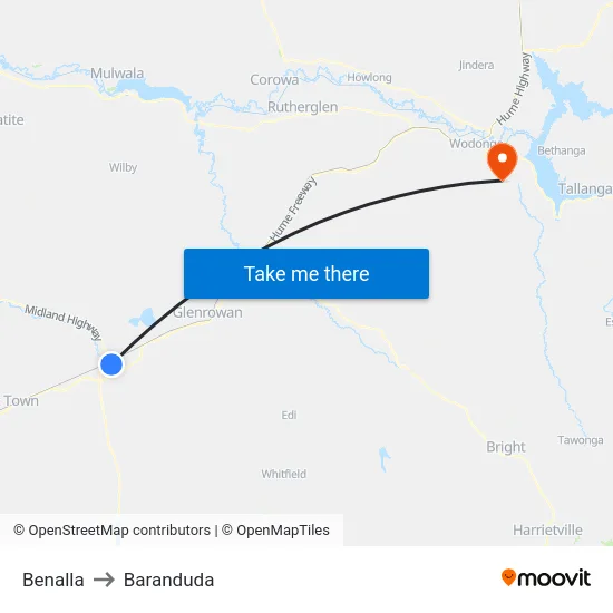 Benalla to Baranduda map