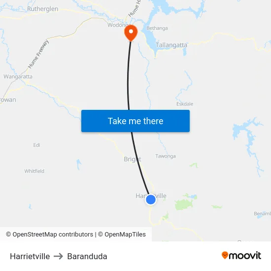 Harrietville to Baranduda map