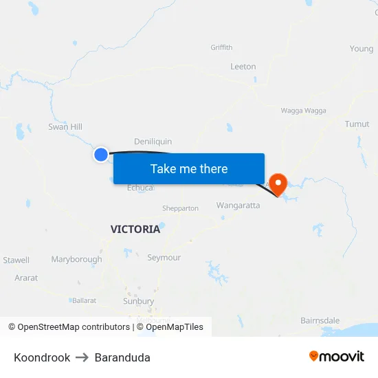 Koondrook to Baranduda map