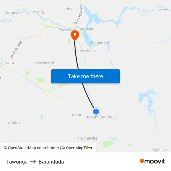 Tawonga to Baranduda map