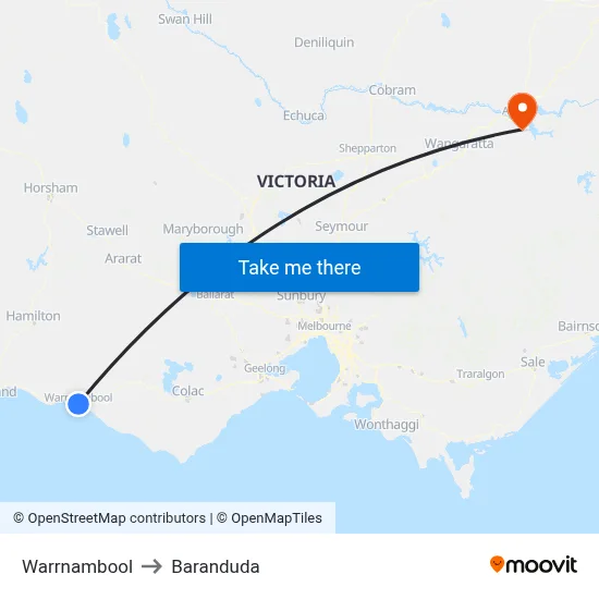 Warrnambool to Baranduda map