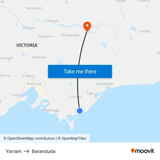 Yarram to Baranduda map