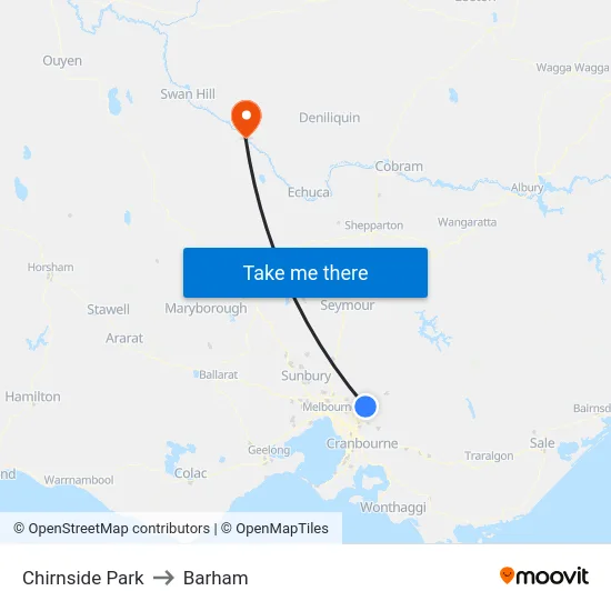 Chirnside Park to Barham map