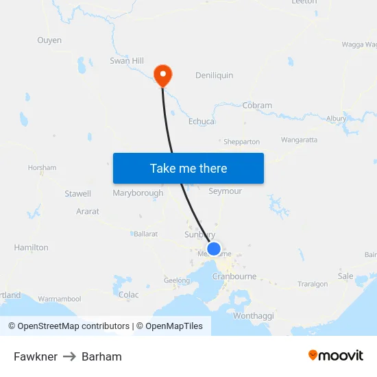 Fawkner to Barham map