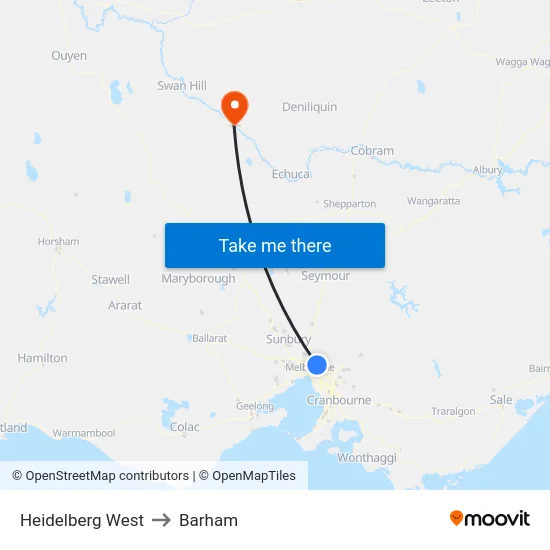 Heidelberg West to Barham map