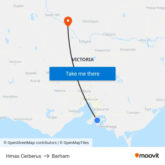 Hmas Cerberus to Barham map