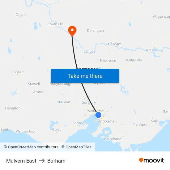Malvern East to Barham map