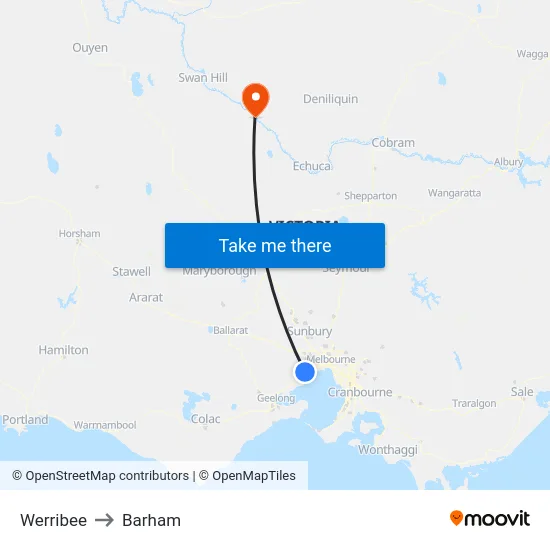 Werribee to Barham map