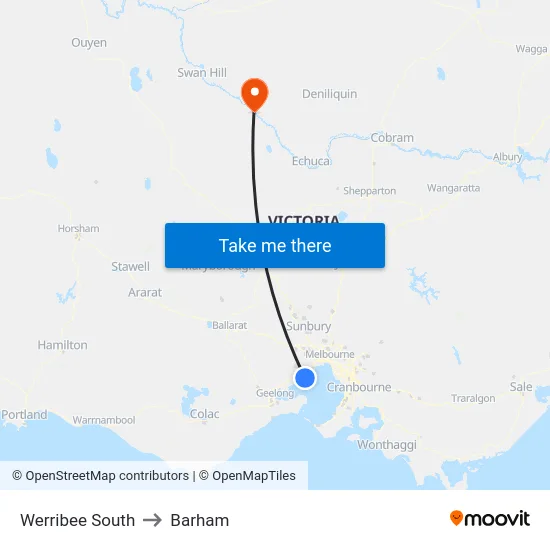 Werribee South to Barham map