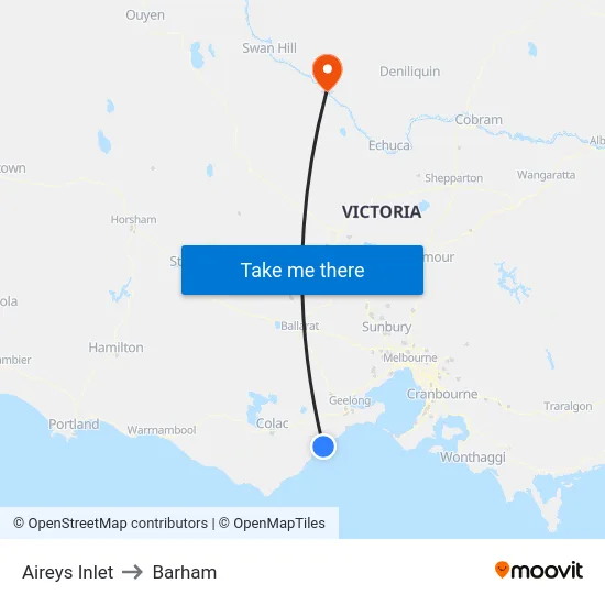 Aireys Inlet to Barham map