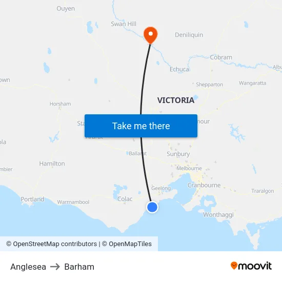 Anglesea to Barham map