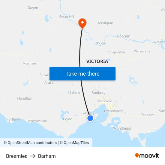 Breamlea to Barham map