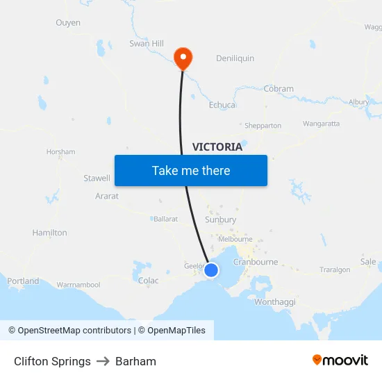 Clifton Springs to Barham map