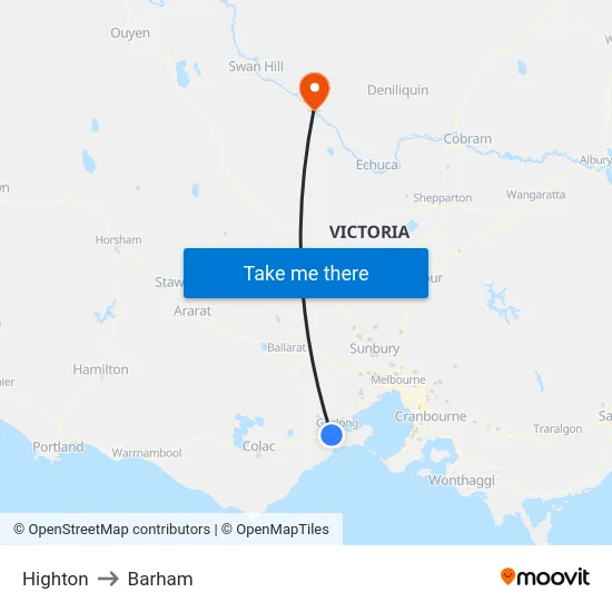 Highton to Barham map