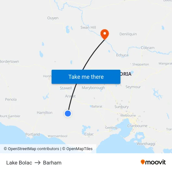 Lake Bolac to Barham map