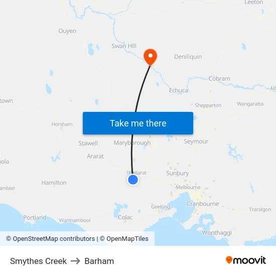 Smythes Creek to Barham map