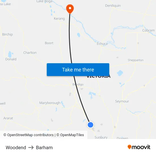 Woodend to Barham map