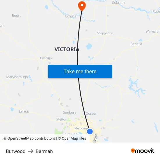 Burwood to Barmah map