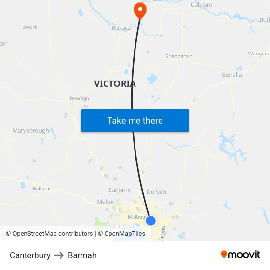 Canterbury to Barmah map