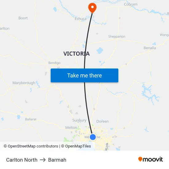 Carlton North to Barmah map