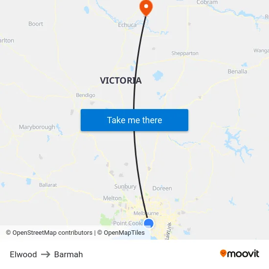 Elwood to Barmah map