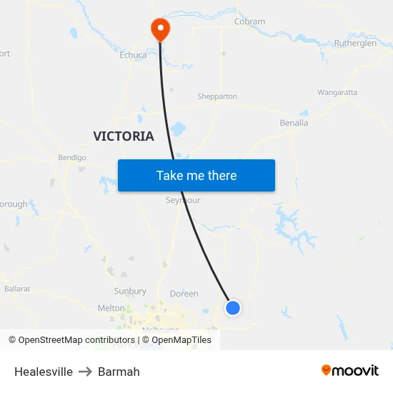 Healesville to Barmah map
