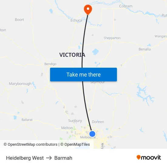 Heidelberg West to Barmah map