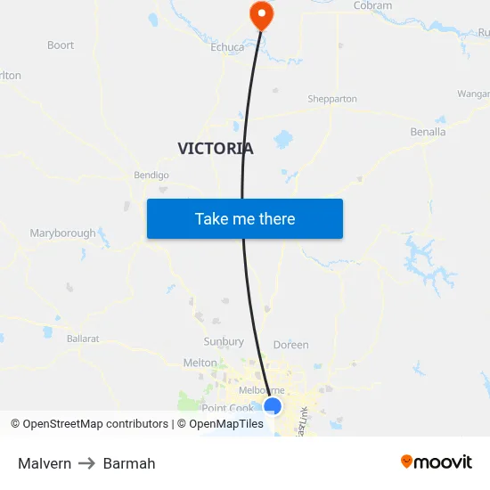 Malvern to Barmah map