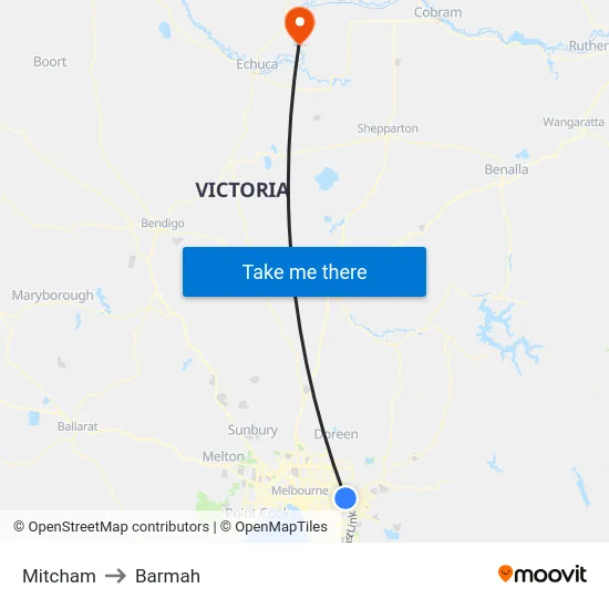 Mitcham to Barmah map
