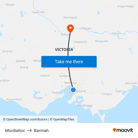 Mordialloc to Barmah map