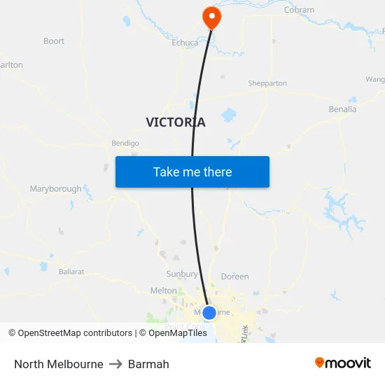 North Melbourne to Barmah map
