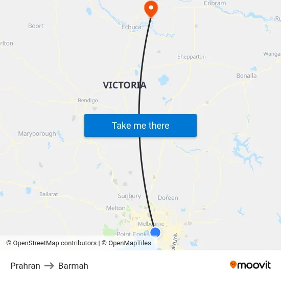 Prahran to Barmah map