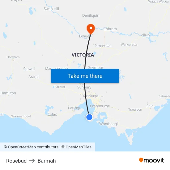 Rosebud to Barmah map