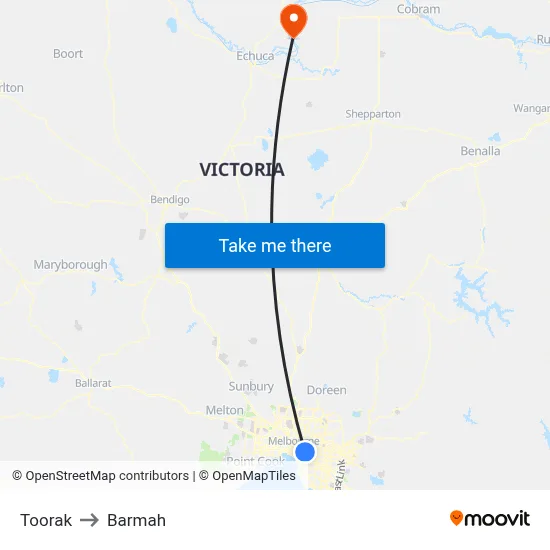 Toorak to Barmah map
