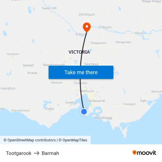 Tootgarook to Barmah map