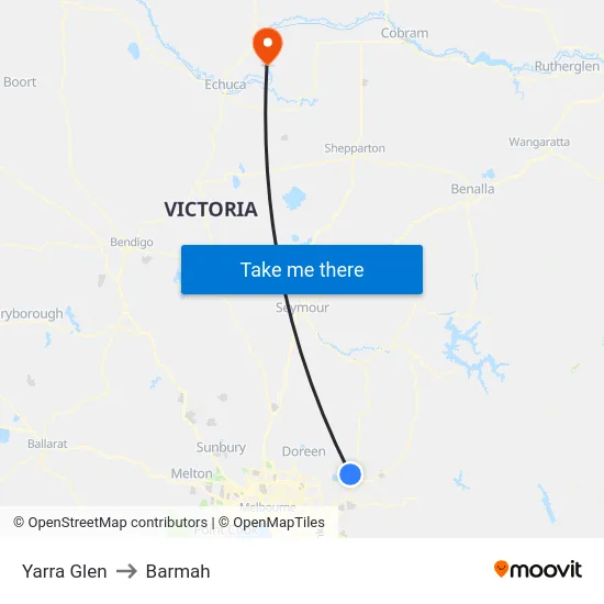 Yarra Glen to Barmah map