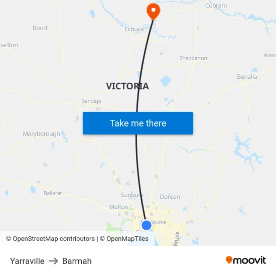 Yarraville to Barmah map