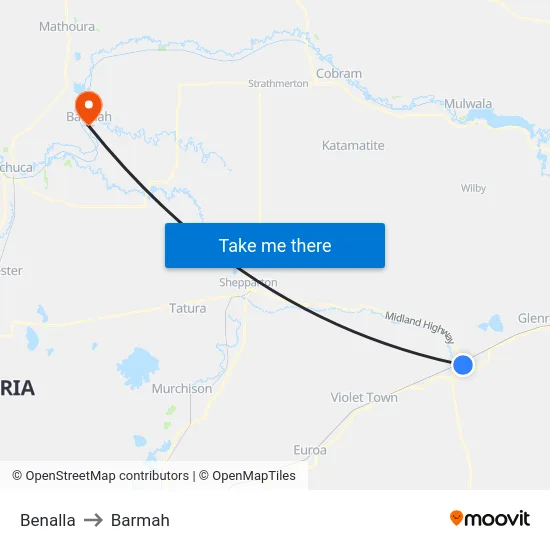 Benalla to Barmah map
