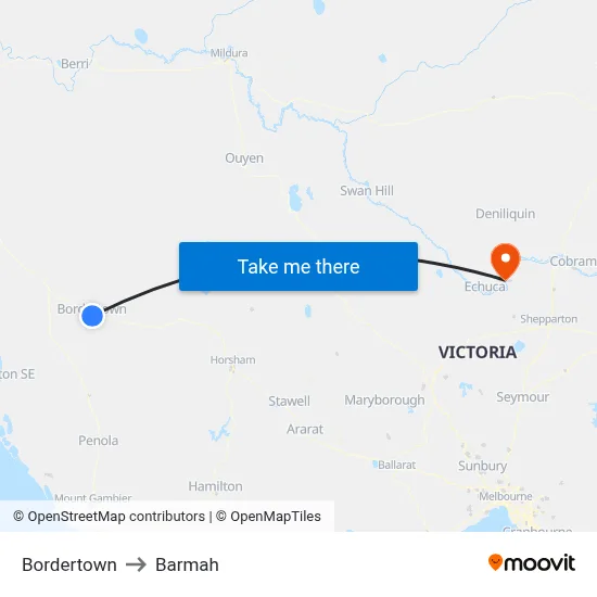 Bordertown to Barmah map